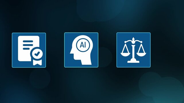 Corporate compliance and governance concept with certification, artificial intelligence, legal balance, and risk control icons.