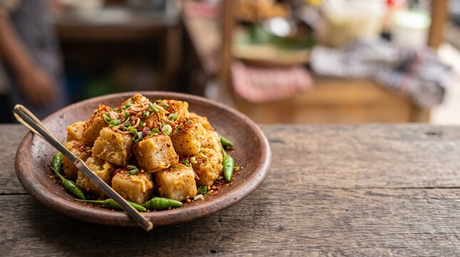 Indonesian Cilor fried tapioca cubes coated with egg and spicy chili powder