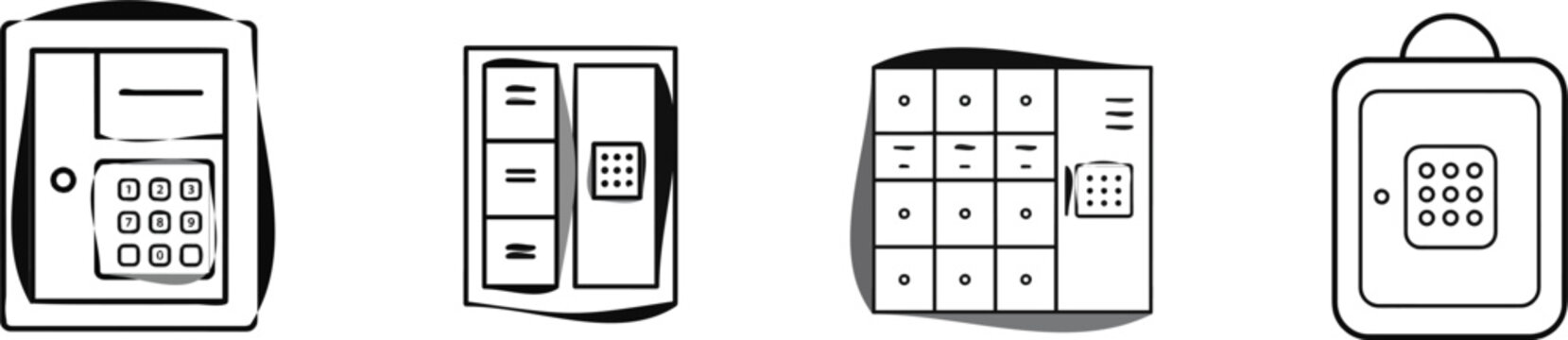 A sleek, minimalist black and white vector icon of a luggage storage locker with a digital code keypad, set against a clean white background