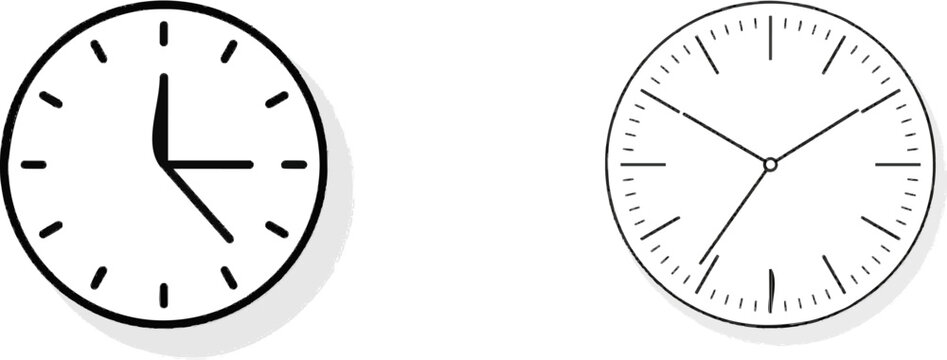 A minimalist black and white vector icon of a round wall clock with clean lines and a simple design against a pure white background