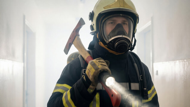 Brave firefighter walking through a smoky corridor during a rescue mission. He holds an axe and a shining flashlight to find a way
