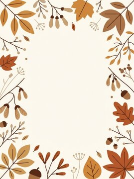 Warm neutral autumn leaves, delicate branches, seed pods, acorns and subtle botanical accents creating a refined seasonal border with generous copy space, Autumn Minimalism greeting card, vertical
