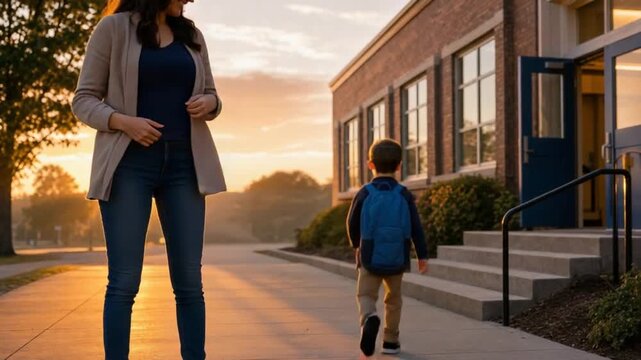 Child hugging his mother. Back to school.