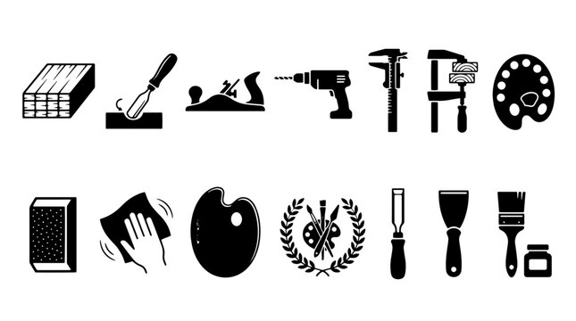 Carpentry and art workshop tools icon set, black woodworking equipment silhouettes, 14 craft and renovation vector elements