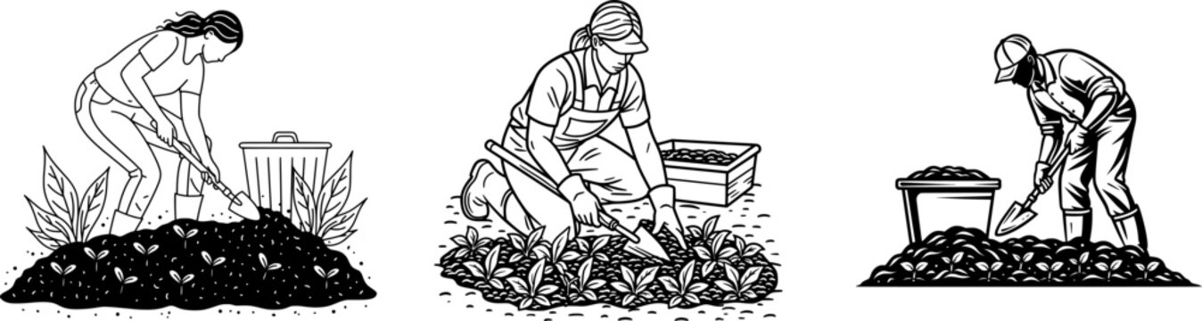 A person is gardening with a compost bin, turning over dark soil with a trowel, surrounded by sprouts in a flat vector design with an earthy and organic feel
