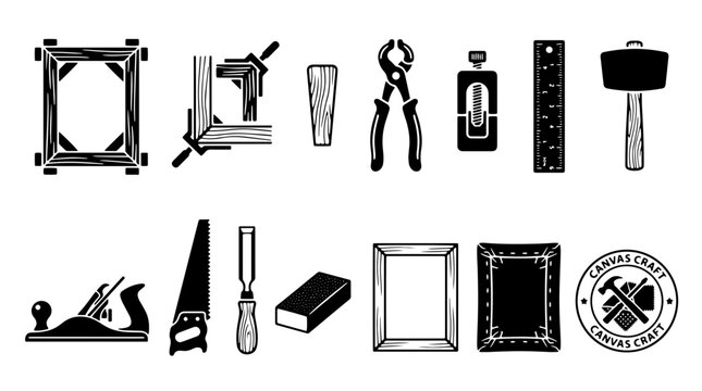Vintage woodworking tools and picture framing equipment set. Retro carpentry icons for craft workshops. 13 black vector elements.