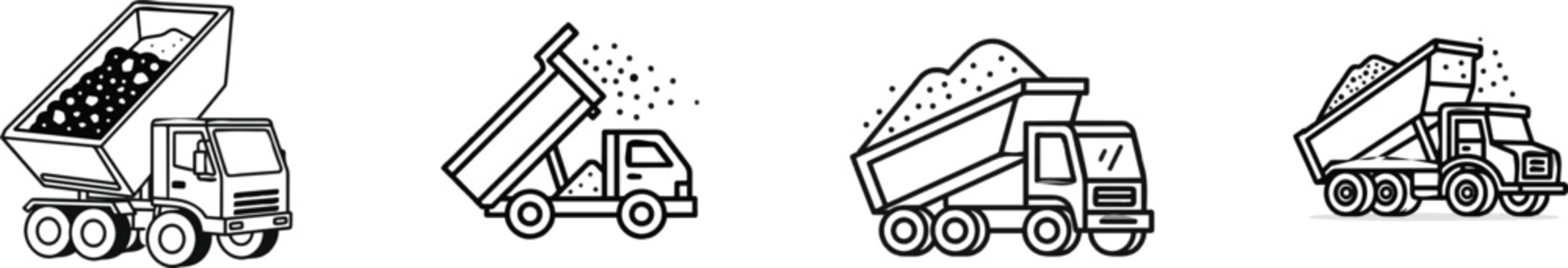 A black and white flat vector icon of a dump truck tipping its bed to unload gravel and sand in line art style against a pure white background