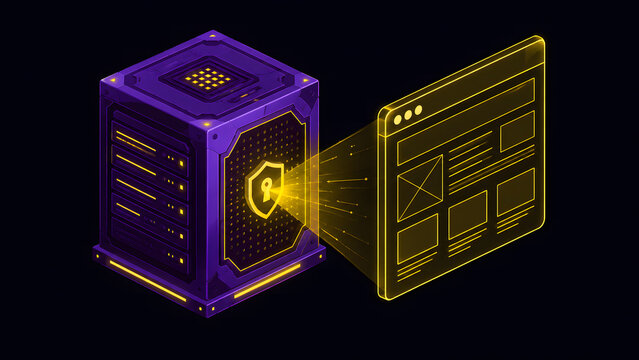 Isometric purple server rack projecting a secure yellow shield padlock icon onto a digital webpage.