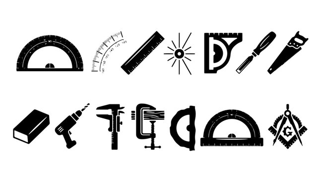 Vintage carpentry tools icon set, black silhouette woodworking equipment, 14 professional construction and measuring tool vectors