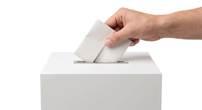 Hand casting a ballot into a white voting box during an election