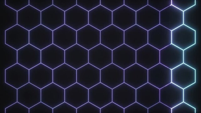 Futuristic glowing hexagon grid background, neon purple and blue geometric honeycomb pattern, high-tech digital data surface for gaming and sci-fi