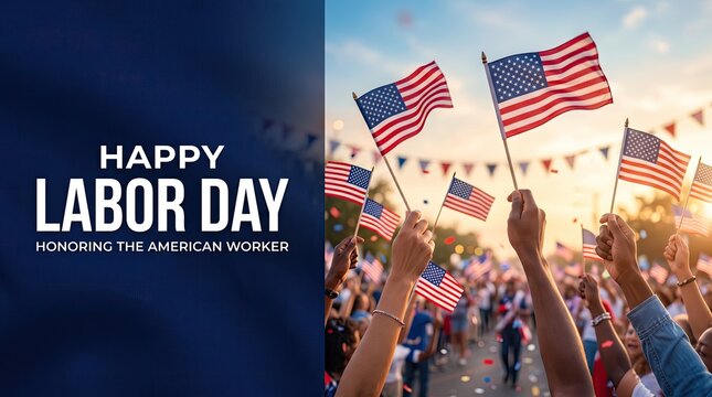 A festive celebration banner wishing everyone a happy labor day with american flags and cheering crowds