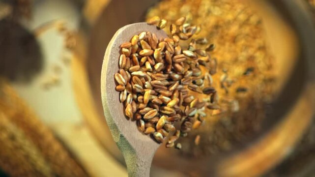 Top-down view of spelt grains falling from a wooden spoon onto a rustic table at 1000 fps, capturing natural texture, fresh harvest and an authentic farmhouse atmosphere in cinematic slow motion.
