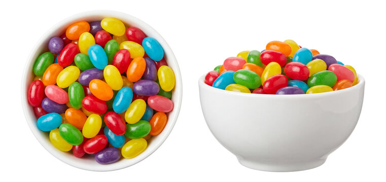 two white bowls filled with colorful jelly beans