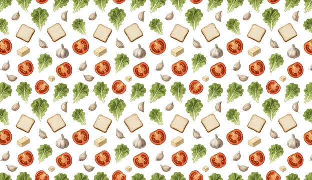 Seamless food pattern for vegetarian salad ingredients included tomato, lettuce leaves, cheese cubes, garlic cloves and white bread croutons.