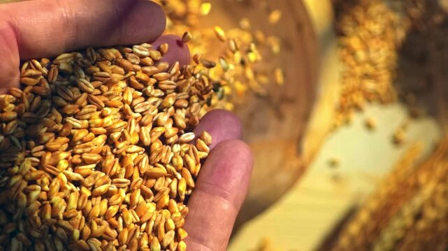 Top-down shot of two hands pouring fresh cereal grains onto a rustic wooden table, creating a warm farm-inspired scene filled with natural texture, harvest and authenticity.