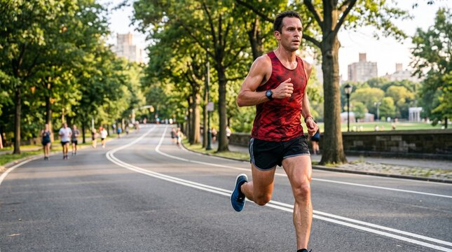 Jogger Running Through Urban Park Scenic Pathway.
