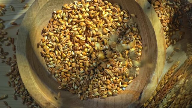 Top-down view of cereal grains cascading from a rustic bowl onto a wooden table, evoking a fresh harvest, natural ingredients and an authentic farmhouse atmosphere.