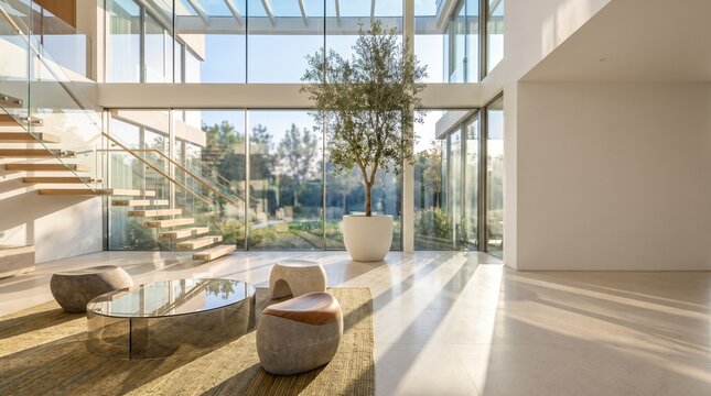 Modern luxury residential atrium with glass walls and floating staircase in sunlit home
