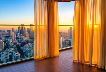 Obraz premium Luxury urban lifestyle and real estate, high rise apartment with panoramic city skyline view at sunset through sheer curtains in modern living room