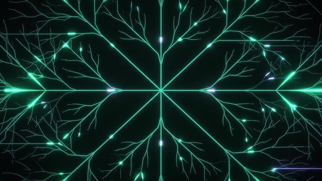 Futuristic digital neural network with glowing green data pulses, abstract artificial intelligence brain circuitry, high-tech cybernetic connection lines
