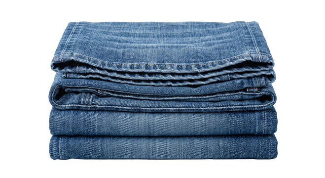 Stack of folded blue denim jeans neatly arranged on a white background