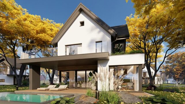 4K pan of a modern suburban house exterior in autumn. Features a white facade, warm wood accents, and an open carport, surrounded by vibrant yellow fall trees and a bright blue sky.