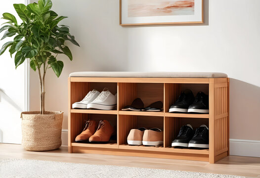Home organization and entryway storage, wooden shoe rack bench with footwear in a modern minimalist living room interior with a green houseplant