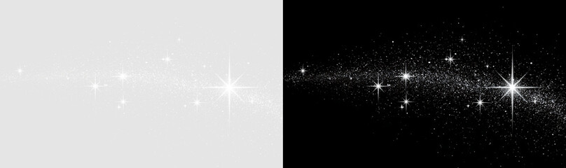 Silver sparkle light trail with starbursts. Magical glittering dust wave on transparent and black background. Cosmic stardust graphic element © ALEXA