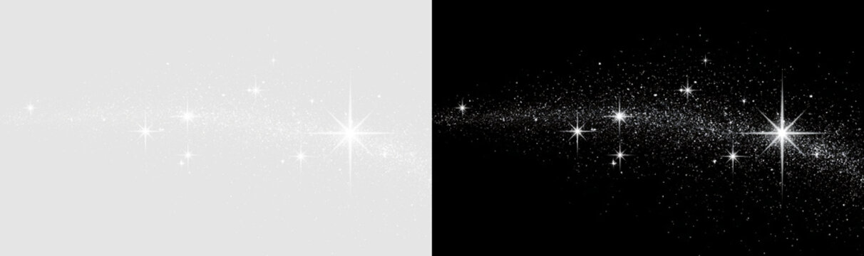 Silver sparkle light trail with starbursts. Magical glittering dust wave on transparent and black background. Cosmic stardust graphic element