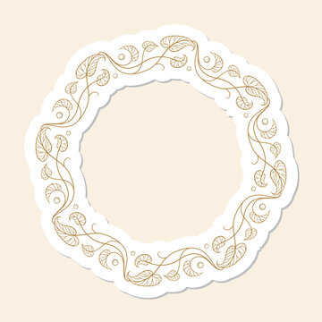 Dense golden wreath sticker - ornate botanical circular frame with leaves and swirls, decorative border, elegant vintage style vector illustration for cards and invitations