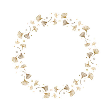 Fall ginkgo leaves wreath - golden botanical circular frame, minimalist fall vector illustration, cottage core style for cards and invitations