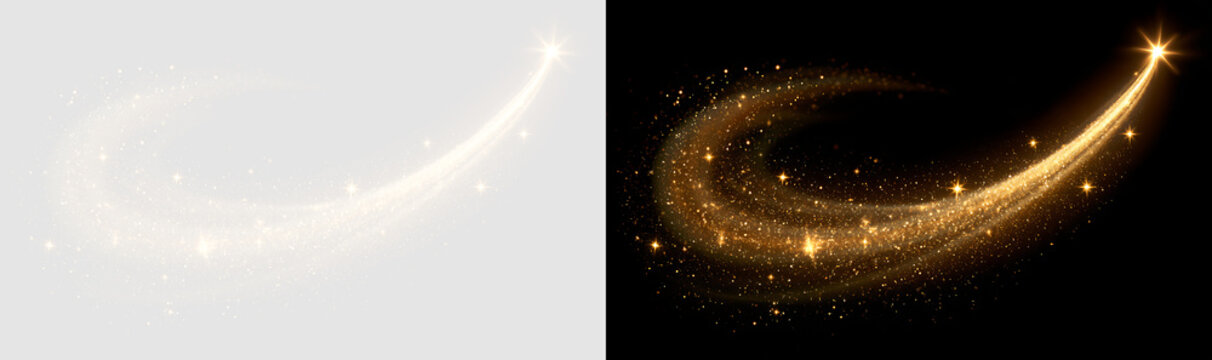 Sweeping golden light trail with brilliant star flare. Magic gold glitter comet path on transparent and black background. Abstract glowing vector effect