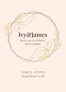 Elegant wedding invitation card with geometric gold botanical circle frame, minimalist modern design with leaves and swirls, romantic beige template for celebration announcements