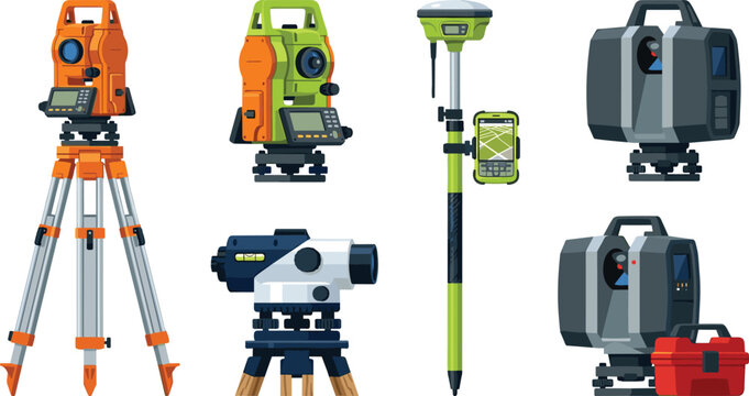 Land Surveying Equipment Vector Set featuring Total Station Theodolite GNSS GPS Receiver Rover and Laser Scanner for Engineering and Construction Designs