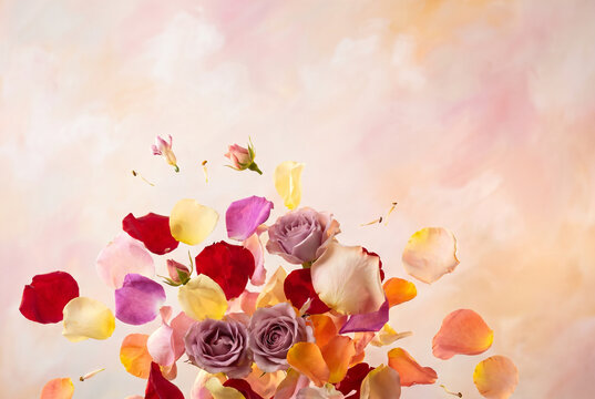 Colorful rose petals and flowers floating in dynamic explosion on pastel background