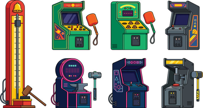 Retro Arcade Game Machine Vector Set featuring Whack A Mole High Striker Hammer Games and Classic Video Consoles for Amusement Park Designs