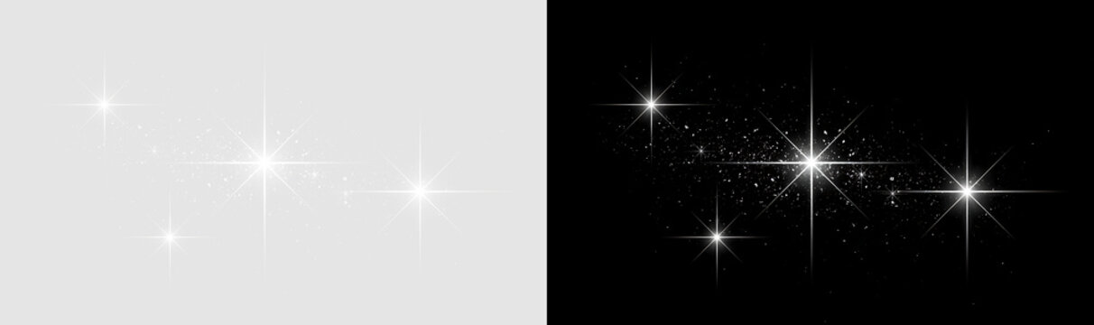 White sparkling stars and glitter dust effect. Glowing lens flares on transparent and black backgrounds. Magic stardust vector elements