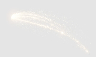 Golden magic light trail with sparkling particles. Curved stardust wave on transparent background. Glittering comet tail effect © ALEXA