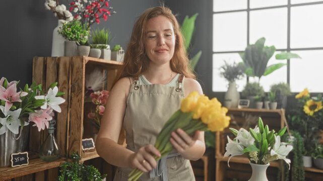 Woman florist in apron smiles and holds a bundle of yellow tulips while arranging stems in a studio; serenity.