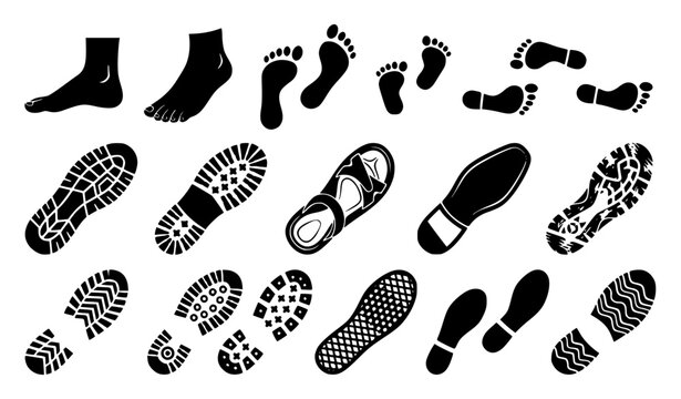 Bare Footprints Kids Feet Shoe Sole Walking Footstep Black Vector Set