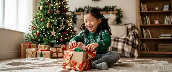 Obraz premium Asian child opening Christmas gift box with expression of pure joy. Happy young girl unboxing present near decorated tree