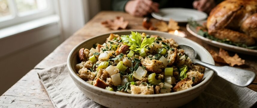 Bowl of traditional thanksgiving bread stuffing with celery and herbs. Homemade autumn side dish served on rustic wooden table