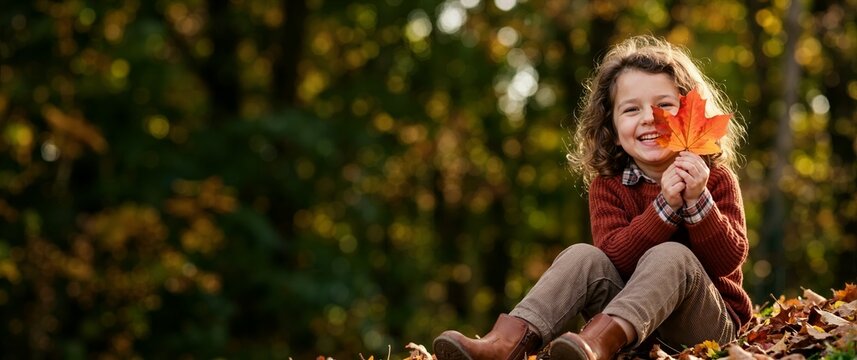 Smiling child holding a bright red maple leaf near face in autumn park. Happy kid sitting on fallen leaves wearing brown knit sweater