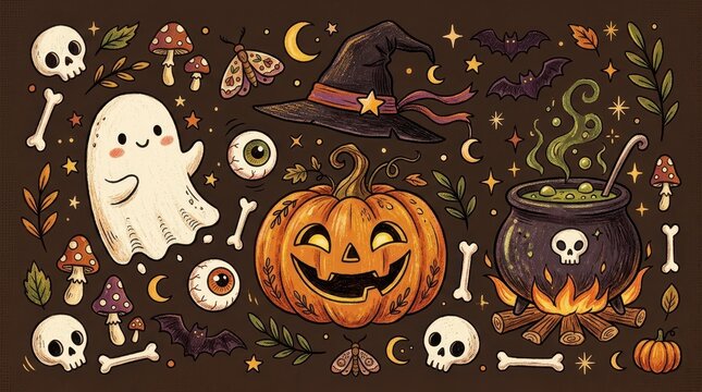 Vintage Halloween Illustration Set with Jack-o'-lantern, Ghost, Witch Hat, Cauldron, and Spooky Elements on Dark Background