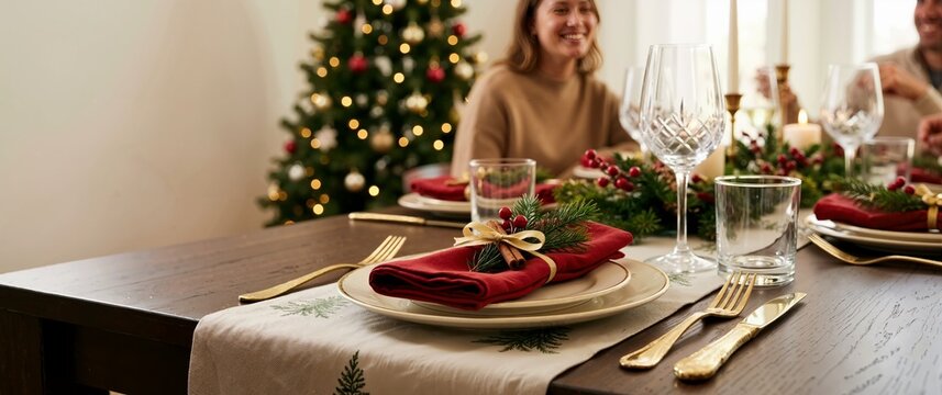 Elegant Christmas table setting with red napkin, gold cutlery, and cinnamon stick decoration. Festive family holiday dinner background