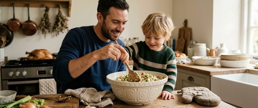 Father and young son mixing stuffing in big ceramic bowl. Happy family cooking Thanksgiving dinner together in rustic kitchen