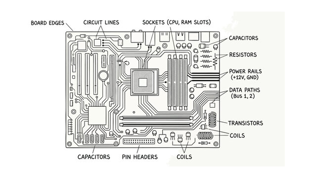 Diagram of a Motherboard: A detailed illustration of a computer motherboard, clearly labeling its various components such as capacitors, resistors, CPU socket, RAM slots, and circuit lines.