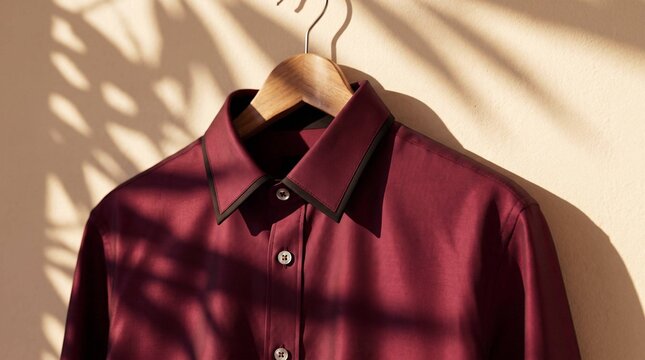 Burgundy dress shirt with contrast trim hanging on wooden hanger with dramatic shadow light