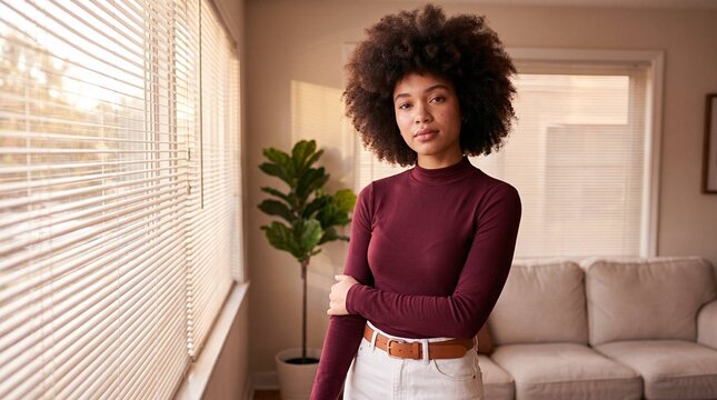 Confident young woman with natural afro hair standing by sunlit window in cozy living room